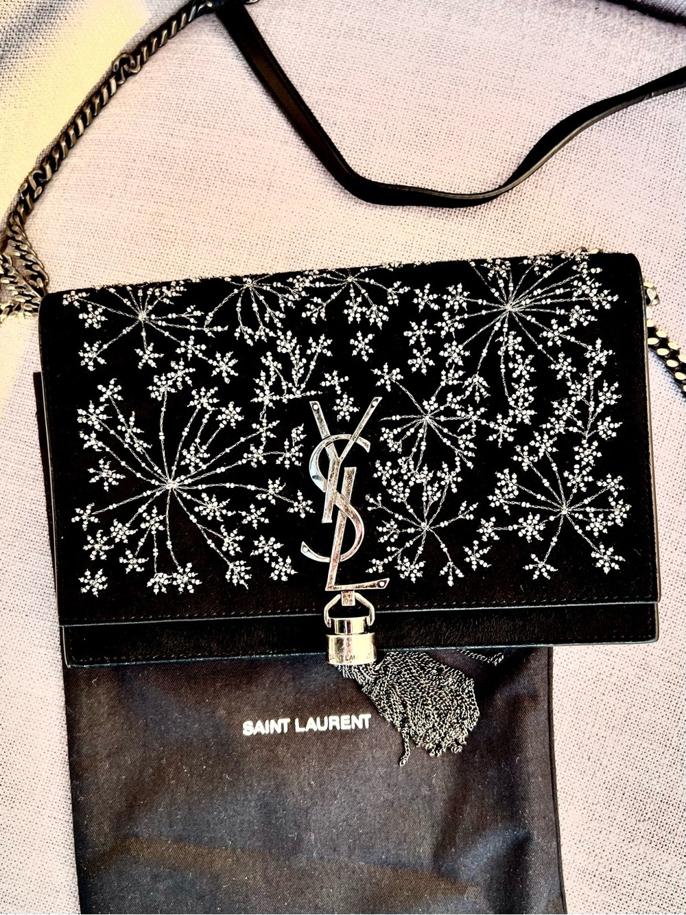 Rare San Laurent Embroidered Suede Tassel Wallet On Chain Bag YSL - Picture 2 of 6